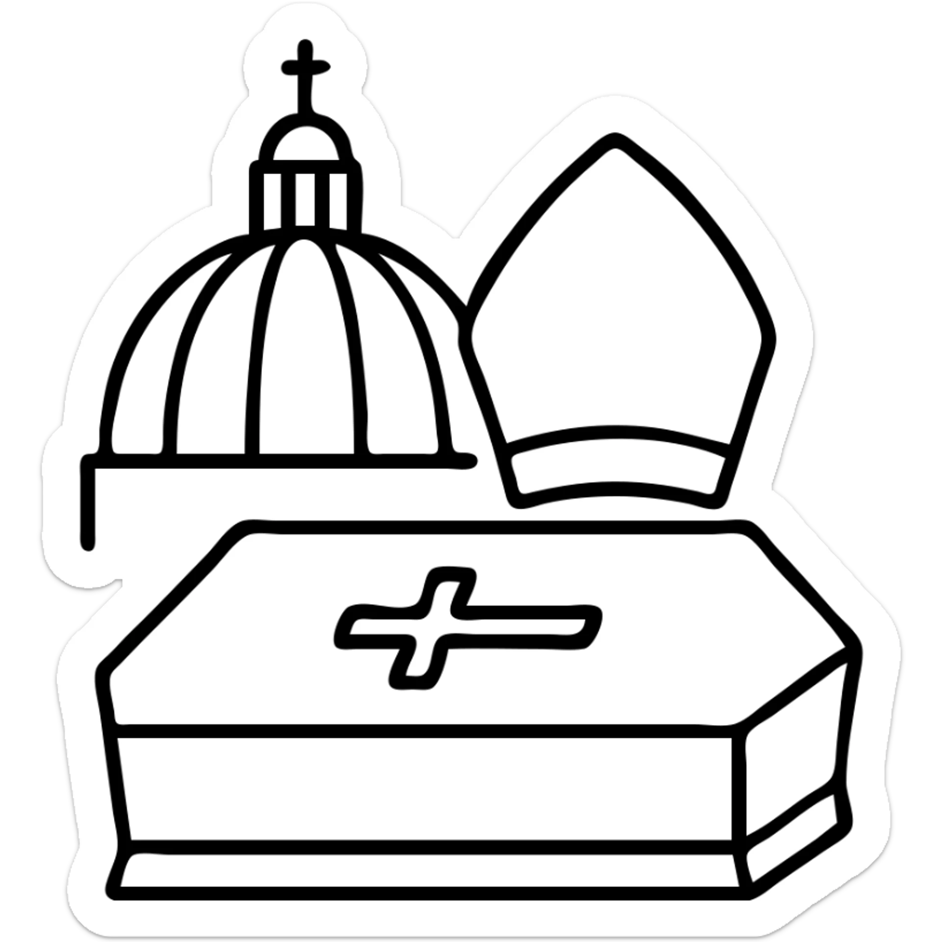 Simple symbolic representation of a papal funeral with St. Peter's dome, a papal mitre, and a ceremonial coffin sticker