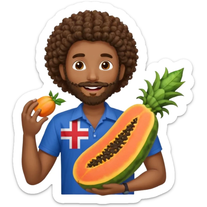 A very happy papaya with lipstick and eyelashes hugging a medium dark skinned curly hair man with a beard and Dominican flag on his shirt   sticker
