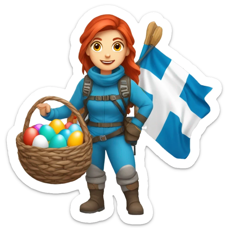 Greek Female winter mountaineer red hair white skin climbing with Greek Flag and Easter eggs basket sticker