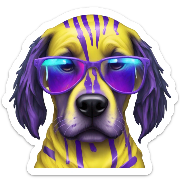 .Zombie_ Vaporwave black holographic oilslick zombie yellow Labrador zombie dog yellow caution tape graffiti stripes iridescent blue purple mane yellow stripes sticker