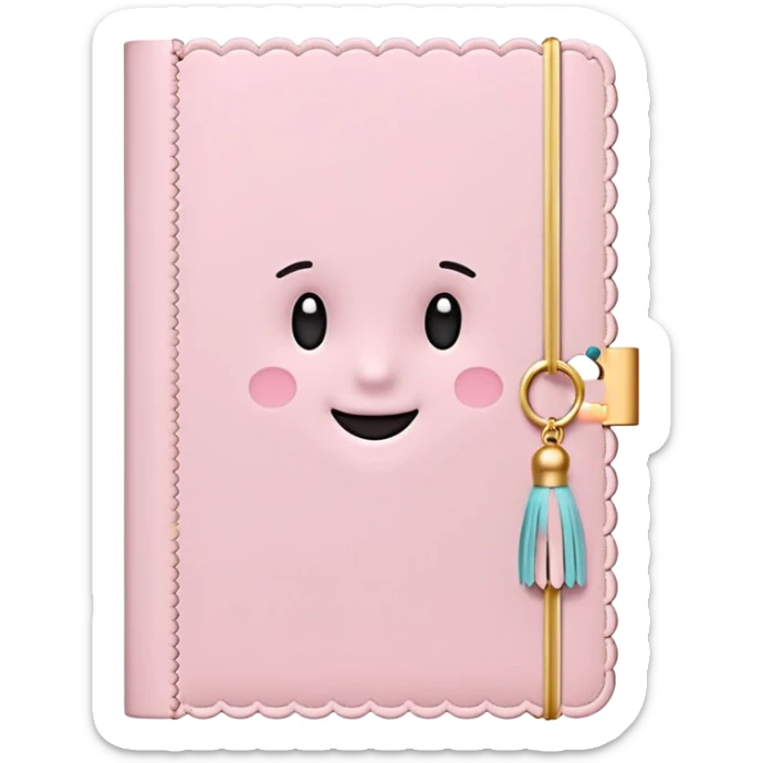 Cute pastel emoji illustration of a soft pink journal with scalloped edges, tiny gold dot details, and a small tassel charm, cozy and elegant stationery vibe sticker