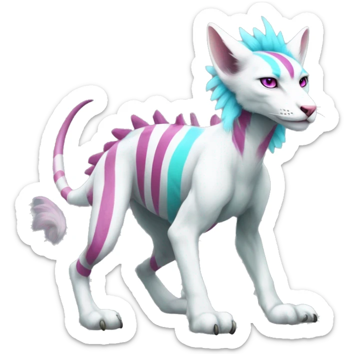 White elegant beautiful natural cute badass epic anthro modern albino Trico-vernid-Fakémon with cyan mane and magenta eyes with cyan edgy stripes, anthropomorphic, two-legged, digitigrade, full body sticker
