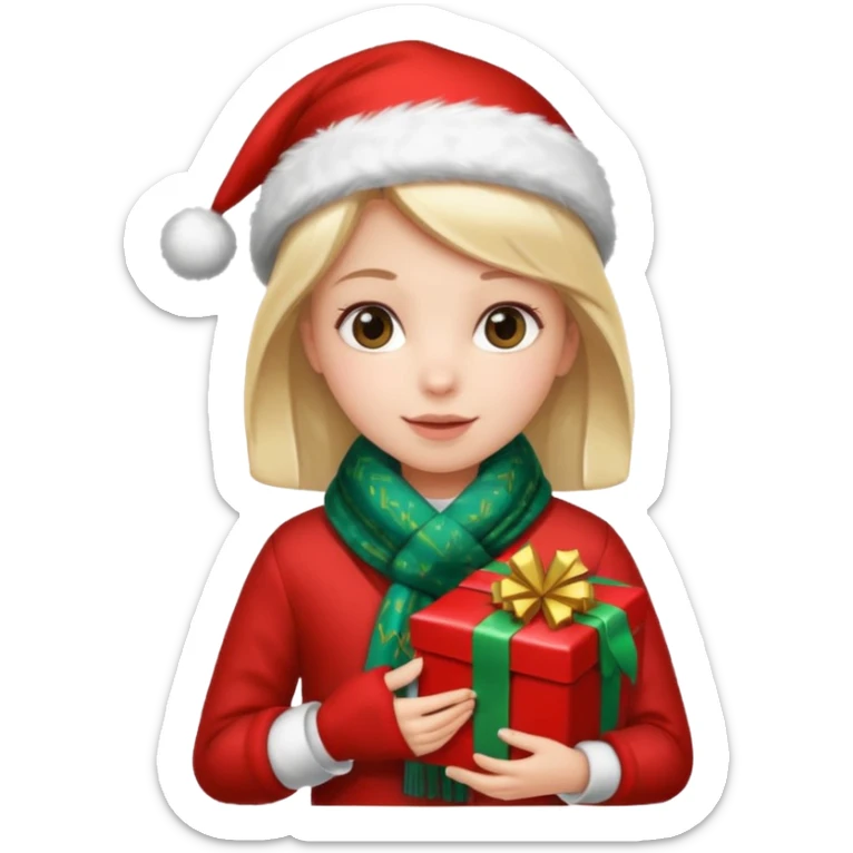 a girl wearing a chirstmas jacket and scarf and holding a christmas gift sticker
