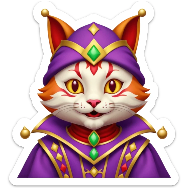 crazy colorful cute little cat jolly joker from poker, medieval, vintage, court jester, mac os icon, purple, gold and red color, half body sticker