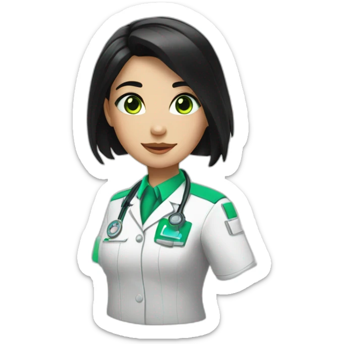 a medic girl with cream, shoulder-length black hair, with accessories, green eyes sticker