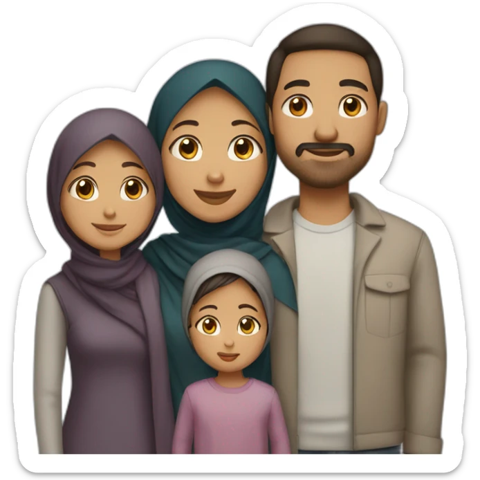 Family of four: a mom, a dad, a little girl, and a little boy, light brown skin, dark hair, only the mom is wearing hijab sticker