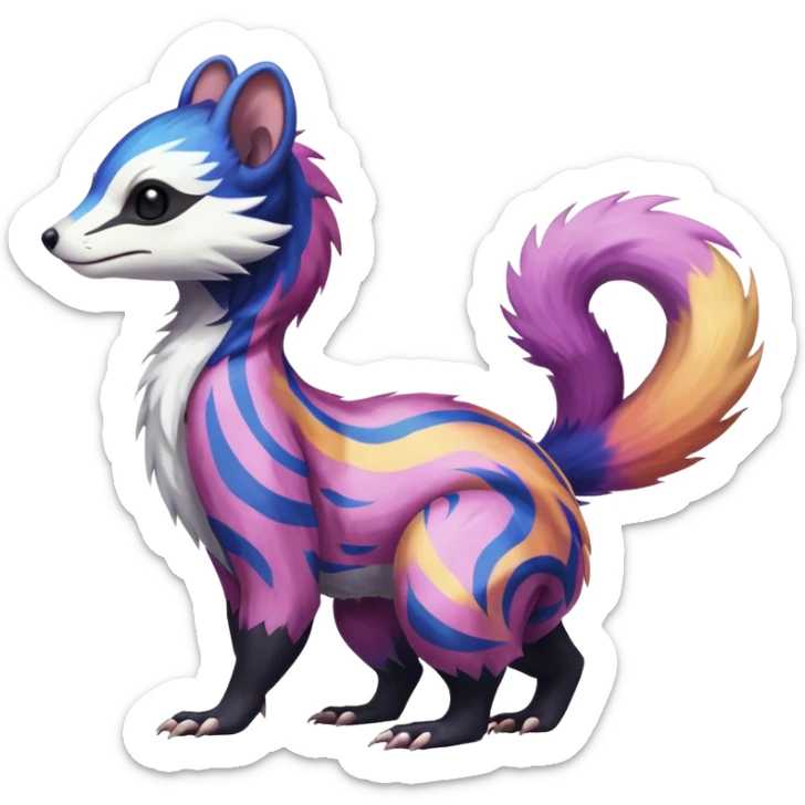 Colorful diaphanous Trico-Sergal-Skunk-Ferret-Furret-Marsupial-Vernid-fusion-Fakemon-animal-hybrid-creature, full body sticker