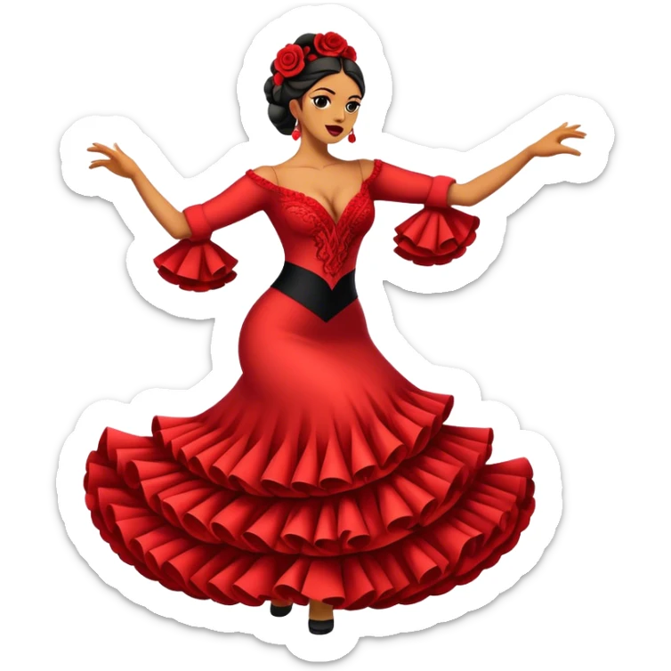 Cinematic Realistic Flamenco Dance Emoji, depicted as a passionate expressive flamenco performance with dramatic costumes and dynamic fiery movements, rendered with vibrant textures and bold energetic lighting that captures its intense rhythm. sticker