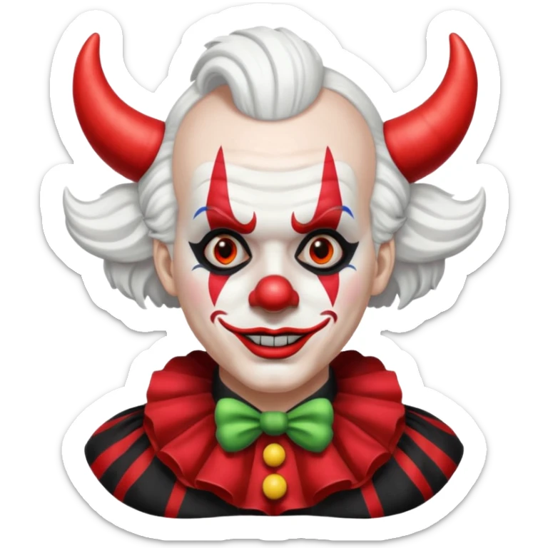 Crea un payaso que tenga toda la cara absolutamente toda la cara blanca, junto con la parte del pelo que sea blanco, pero que no tenga pelo con unos cuernos negros y que tengo un traje de payaso negro con rojo sticker