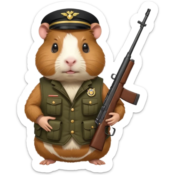 guinea pig wearing a military vest, holding a rifle in chest, no hat sticker