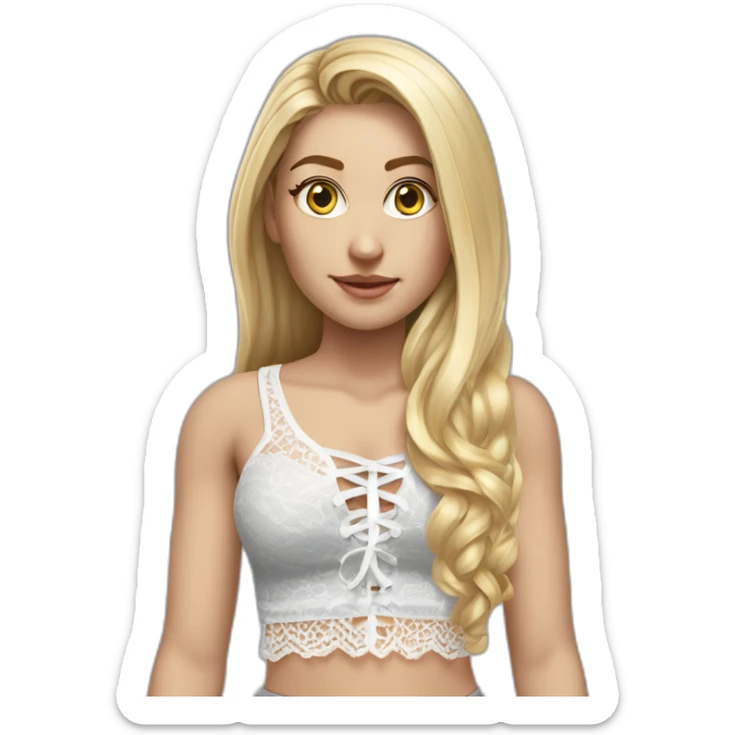 hyperrealistic caucasian female, long straight blonde hair, white lace up crop top, grey mini tight skirt, body view sticker