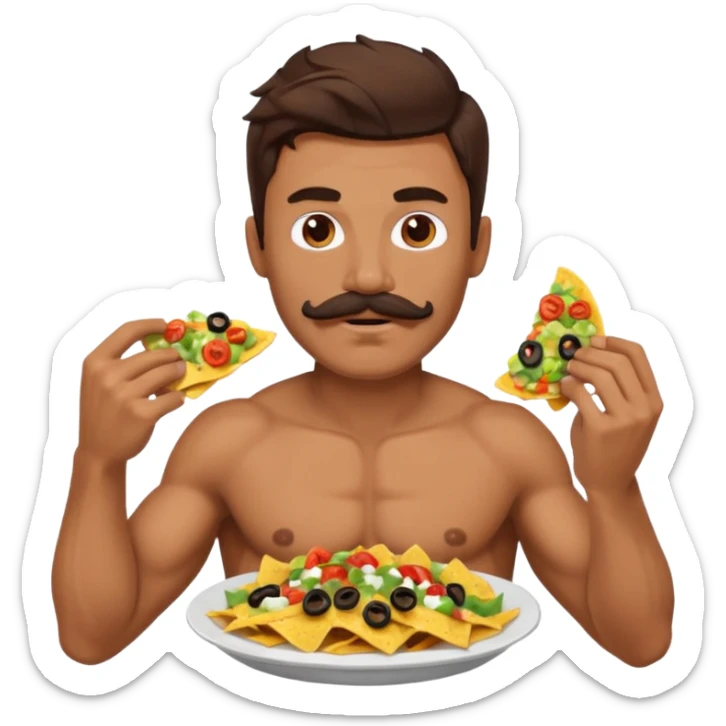 ripped guy with his shirt off and long hair and mustache eating nachos sticker