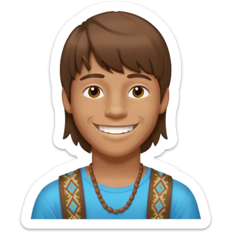 16 yr old boy, brown hair, straight, big smile, white teeth, tanned skin, bangs, hippie part sticker
