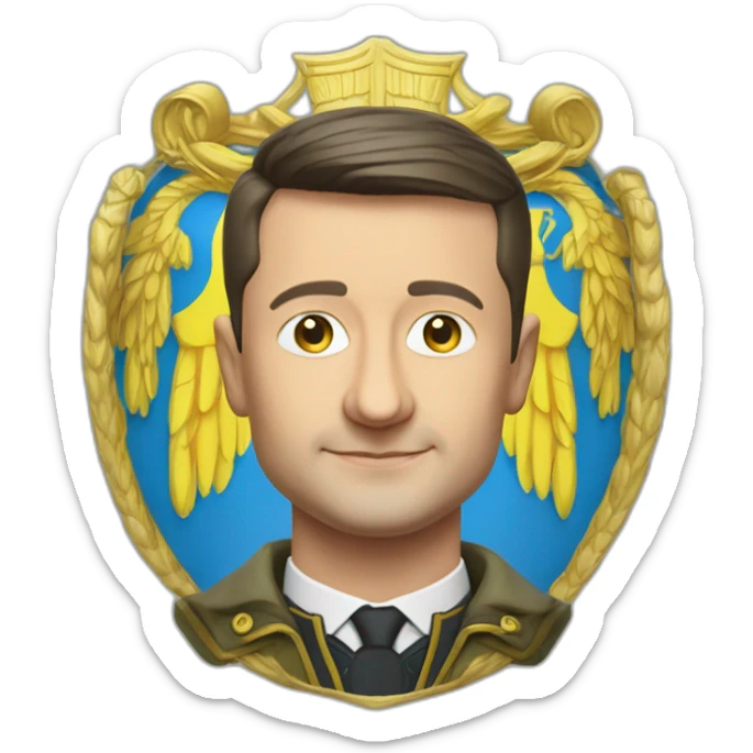 President Volodymyr Zelenskyy in haki tshirt with ukrainian coat of arms sticker