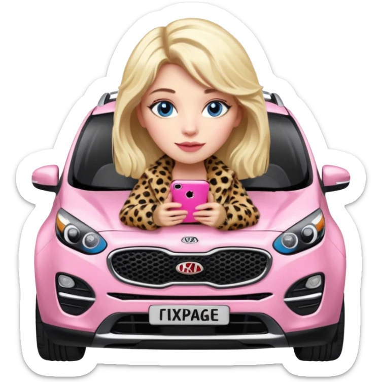 a blondie queen Arina in a leopard fur and pink iPhone on her kia Sportage car. blue eyes sticker