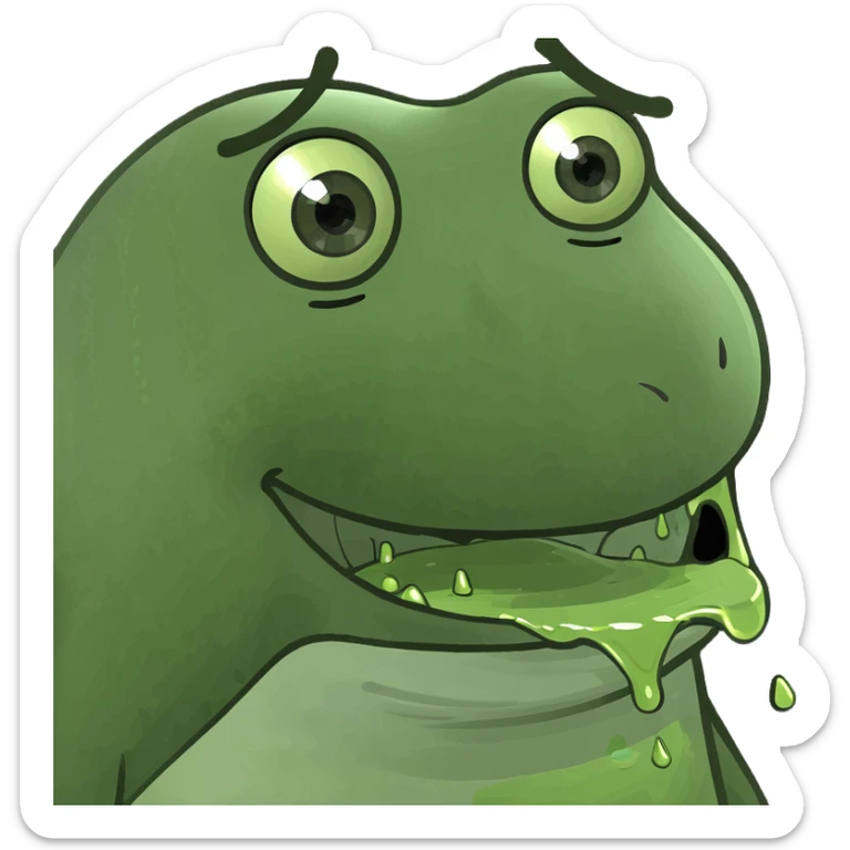 cartoonish green blob emoji with dripping slime, big eyes, goofy grin, evoking AI slop, inspired by Slimer from Ghostbusters sticker