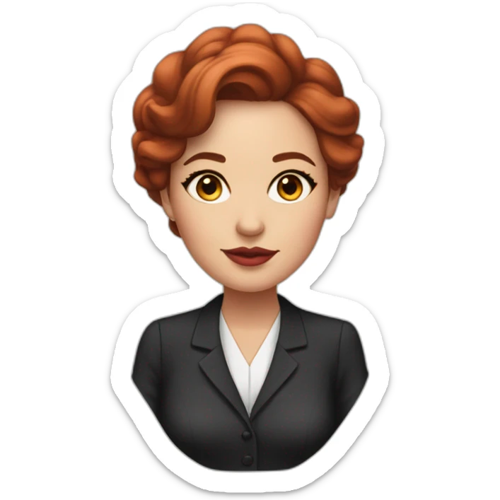 Female lawyer with cateye eyeliner ,brown eyes, plumped pink mouth and slightly red hair sticker