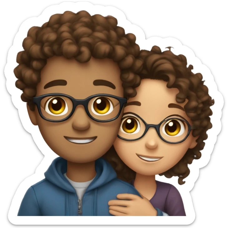 boy with brown hair and glasses hugs girl with curly brown hair and blu eyes  sticker