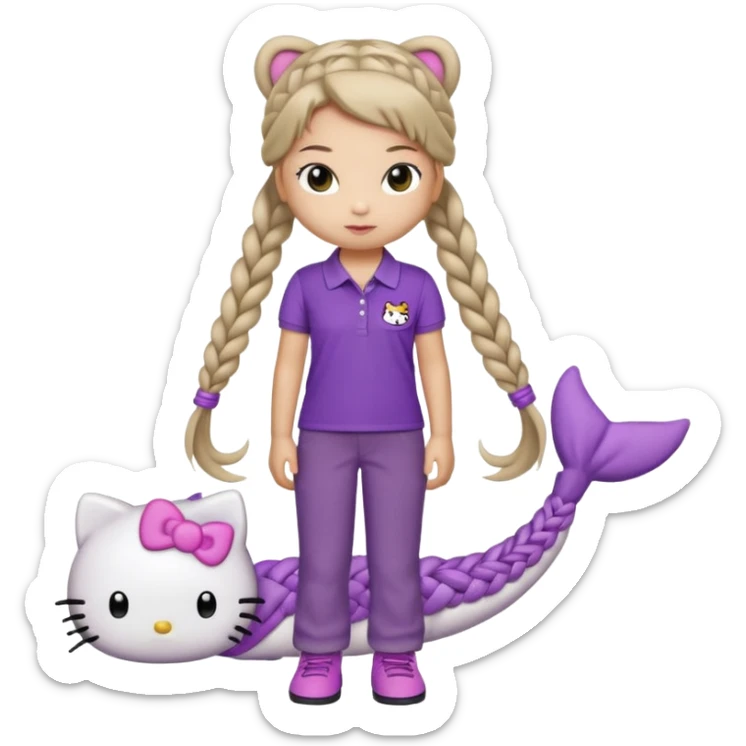 hello kitty wearing purple polo shirt and kyaki pants with long fishtail braids baddie with 2025 efect sticker