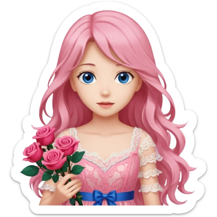 pastel anime woman with pink and white lace dress full body and long hair with roses and blue eyes sticker