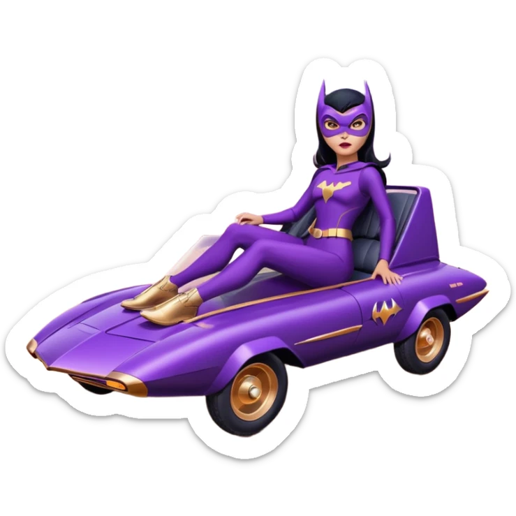 Hot full size real-appearance racing action BatGirl’s feminine midnight-purple tight outfit sixty’s tv show 1992 stealth retro cat burglar sporty petite off-road pursuit hovering hover cruiser car rose gold accents (black hair,reclined and relaxed seating position and attitude) desert sticker