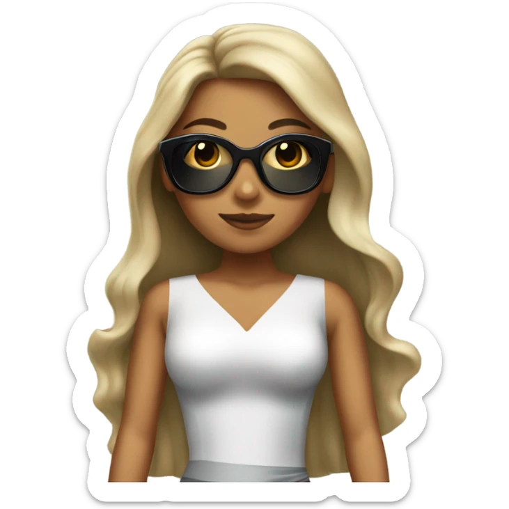 A girl with tan skin and long hair with black sunglasses and a fancy dress  sticker