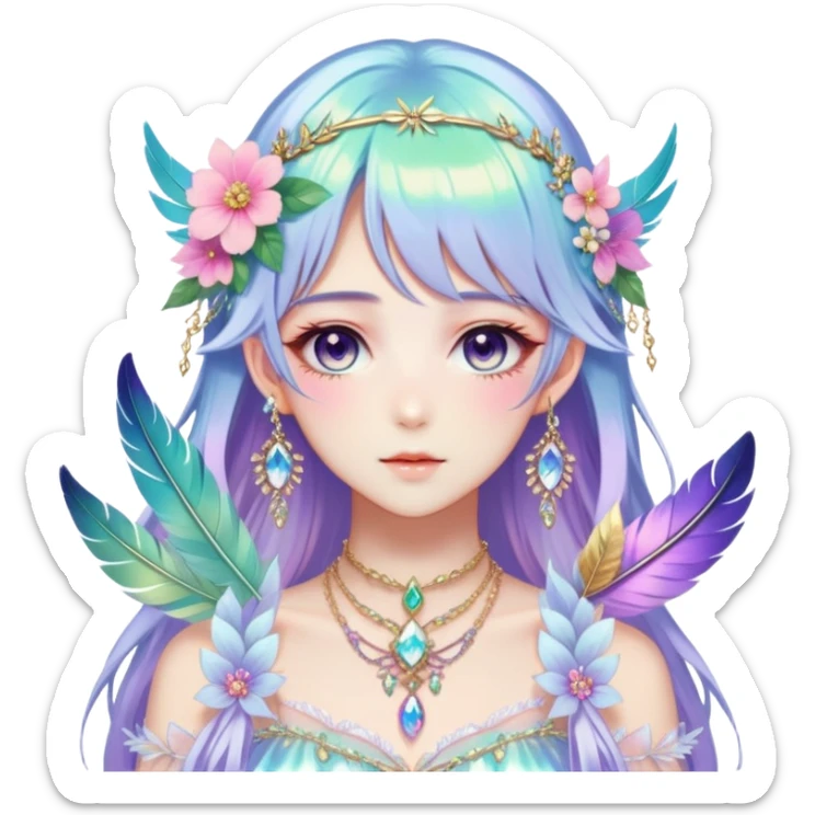 Beautiful gorgeous anime lady with beautiful iridescent-special-hair, fashion aesthetic, ethereal, fairycore, pastelcore, feather, flower, crystals, accessories, jewelries, gold, colorful sticker