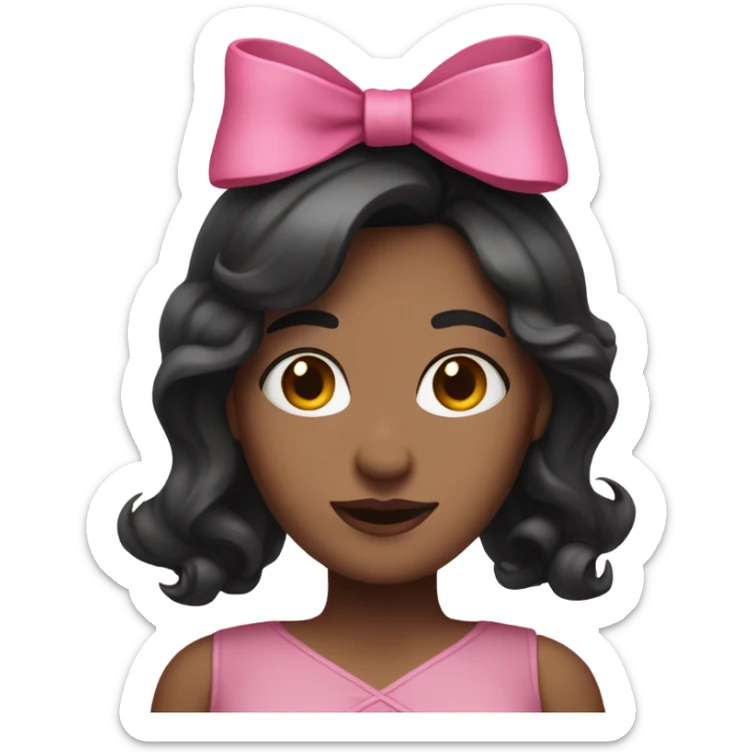 an adult woman with dark hair and pink bow on it, while tipping sticker