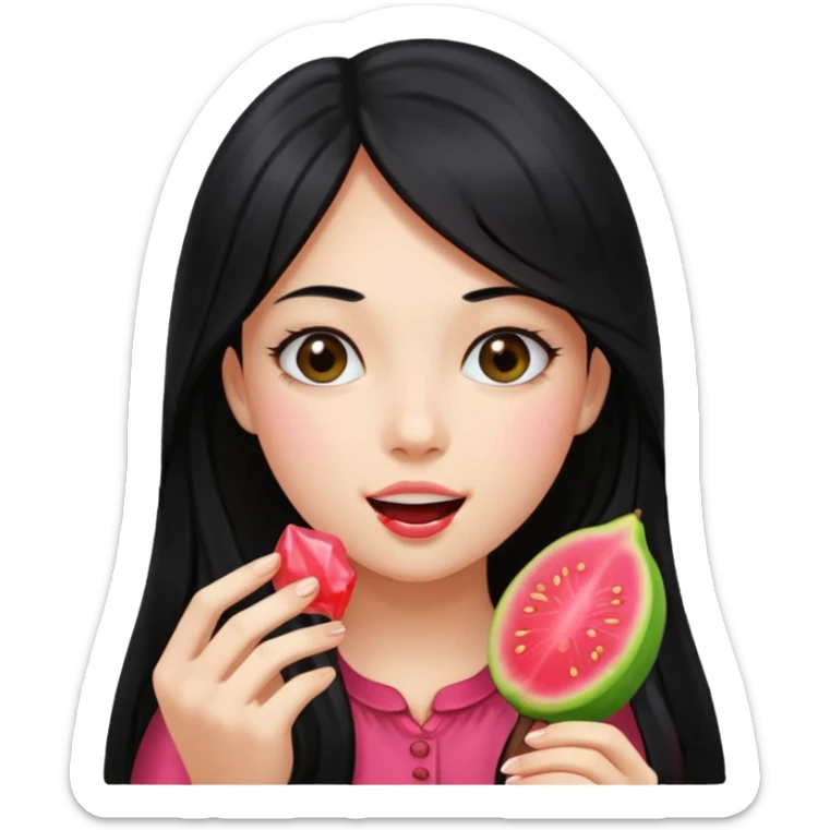 A girl with long black hair holding a piece of guava hard candy and pretending to eat it sticker