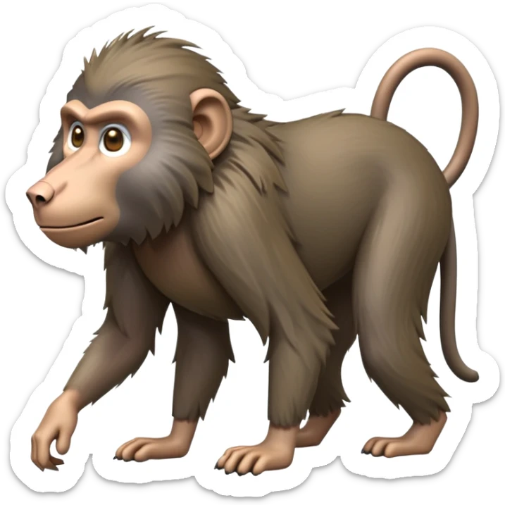cinematic-hairy baboon-full-body-standing on all fours-emoji,-head-tilted-dramatically,-thick-grey-and-brown-fur,-simplified-yet-realistic-focused-features,-highly-detailed,-glowing-with-an-almost-sarcastic-glow expressive eyes sticker