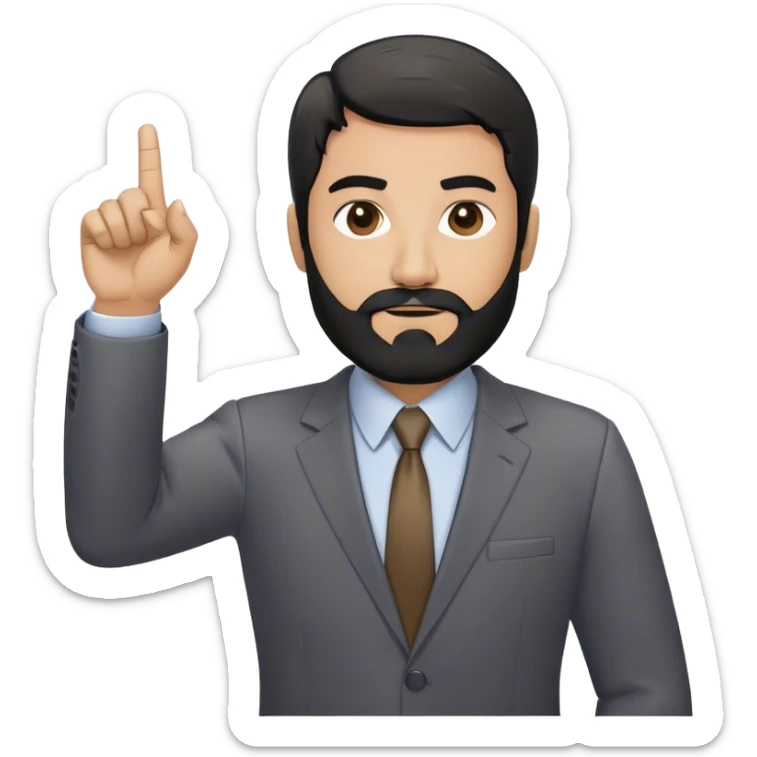 Emoji-style cartoon man, 50s, black beard with gray streaks, wearing a business suit. Raises right index finger upward (↑) to signal 'attention!' Simple design, bold lines, minimal details sticker