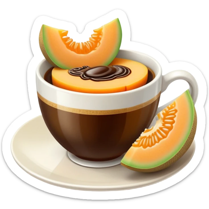 carajillo in a small espresso coffee cup with a slice of cantaloupe melon on the side sticker