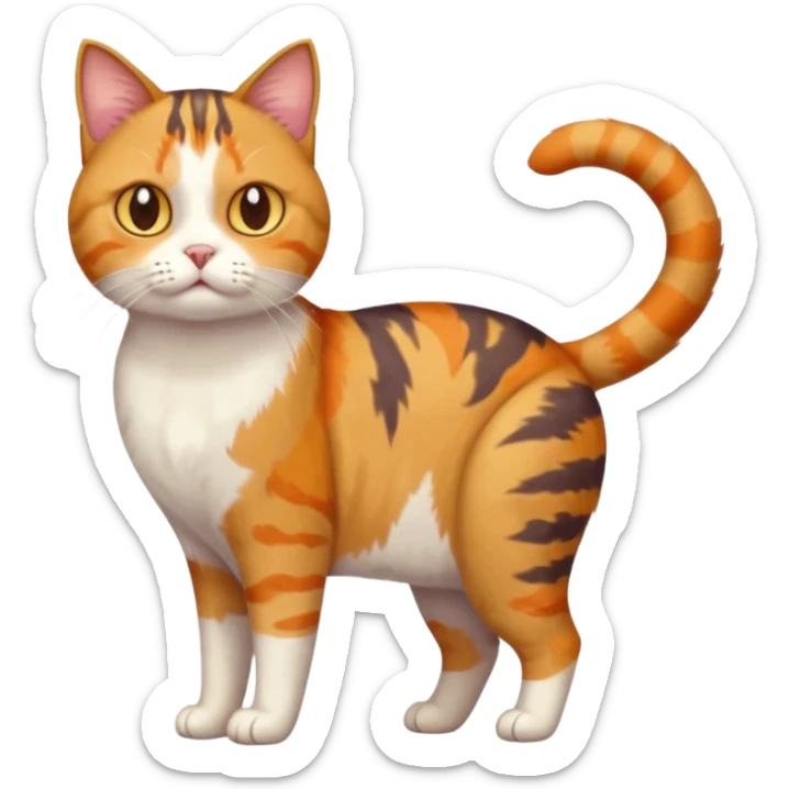 full body colourful calico tabby cat with skinny head and fat body with an anxious face sticker