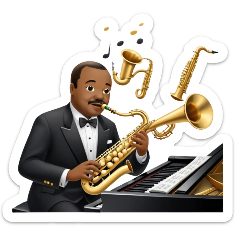 Icon for Jazz Music: Count Basie Orchestra, with Count Basie at the piano surrounded by jazz musicians playing instruments like saxophones, trumpets, and drums. Floating musical notes should capture the energetic and smooth vibe of big band jazz. Transparent background. sticker