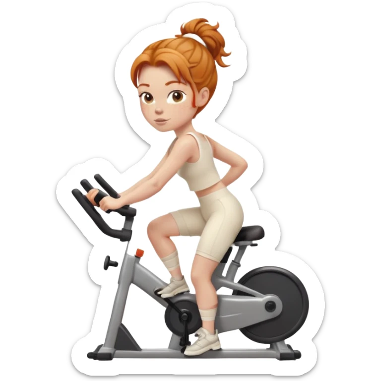 Fit Ginger girl big head messy bun riding stationary bike cream outfit sticker