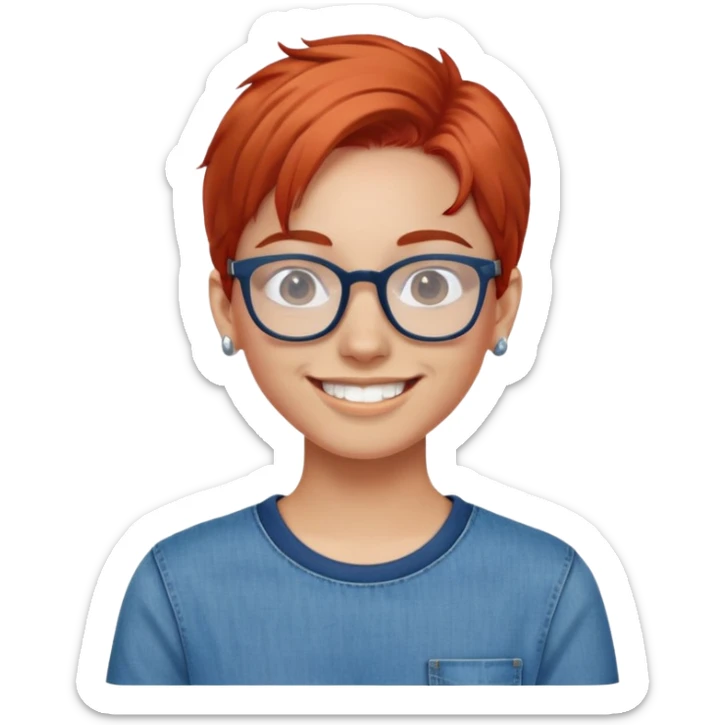 um jovem de cabelo ruivos.oculos,brinos e um sorriso maravilhoso a roupa deve ser em azul, calça jeans sticker