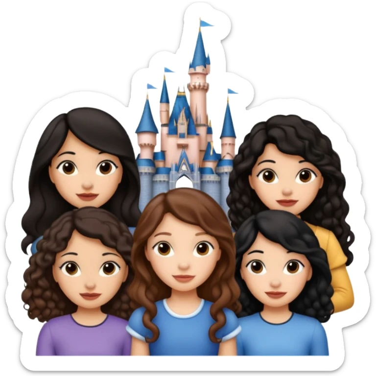 Quiero que crees una imagen donde este el castillo de Disney y por detrás o delante pon a 4 chicas: una con el pelo largo rizado marrón , otra con el pelo muy corto negro, como un chico, otra con el pelo mediano liso marrón y otra con el pelo negro largo liso  sticker