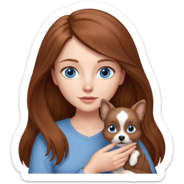 long hair chestnut color blue eyes woman holding small grey dog sticker