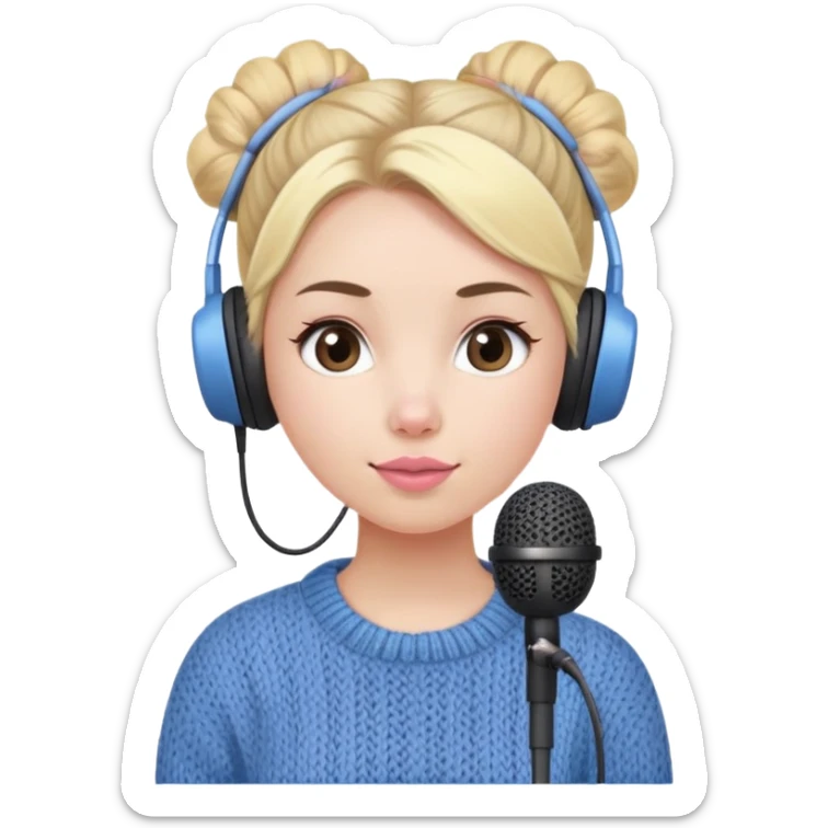 a cute face girl have bright white skin
and natural small pink-peach lips with blue knitwear with a blonde one hair bun and she is a podcaster in her school. with recording microphone
in front of her not held and a
headphone in her head sticker