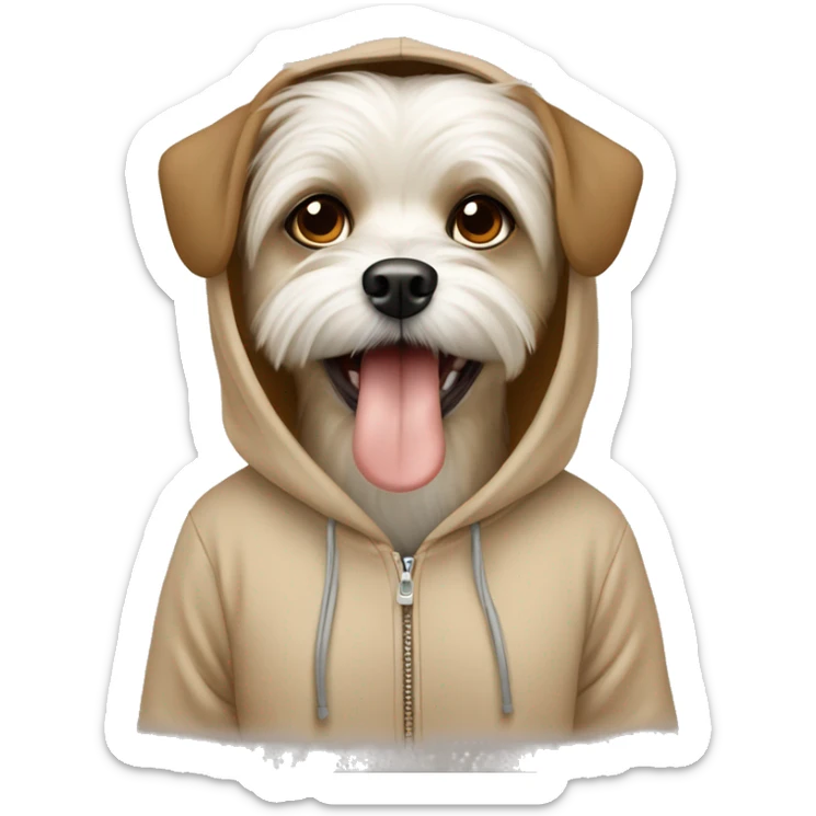 Maltese dog with big eyes and tounge out Wear a Brown beige hoodie sticker