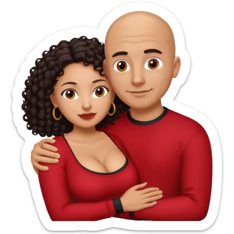 A picture of a tanned couple embracing. the guy is Mexican, with a bald hair cut and he is wearing a red shirt. the girl is mixed, the girl is wearing a black shirt, the girl has curly longer dark brown hair and with big boobs  sticker
