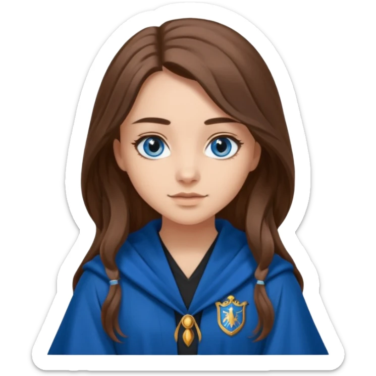 gorgeous Girl with light skin, blue eyes, long brown hair, wears ravenclaw black and blue robes  sticker