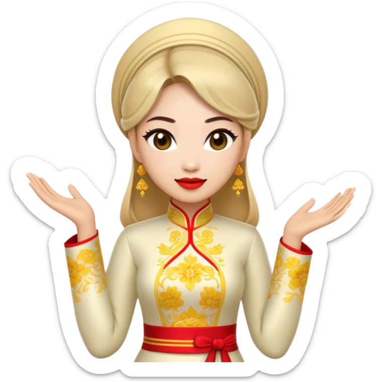 Cinematic Realistic Ao Dai Pop Culture Emoji, featuring an elegant portrayal of the traditional Vietnamese dress rendered with graceful textures and vibrant, cultural lighting. sticker