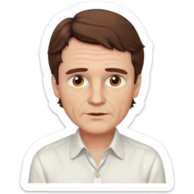 create an emoji of a man with wrinkles. he has an English gentleman look, a few hairs at the chin no moustache with short wavy brown hair, brown eyes, pale skin, natural lips. he wears a white shirt sticker