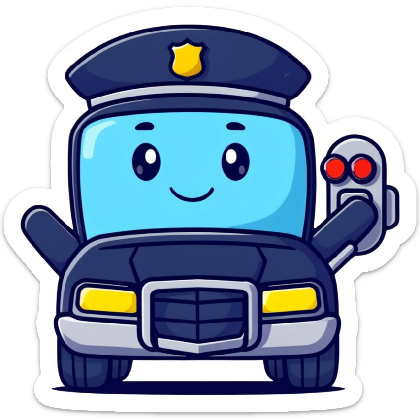 A cartoon police car character with a cute face, flashing lights and a small badge sticker