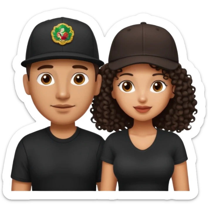 A picture of a cute tanned couple. the man is Mexican, with a bald hair cut wearing a SnapBack hat and a black shirt. the woman is mixed, she has curly longer dark brown hair, wearing no hat, and with big boobs  sticker