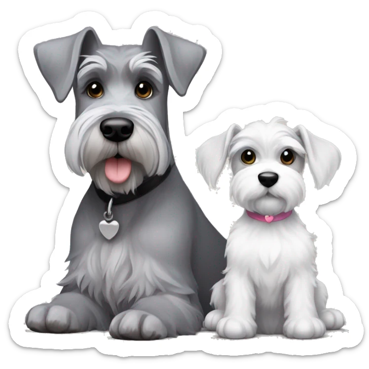 A big gray schnauzer with dark eyes next to a small all white puppy schnauzer sticker