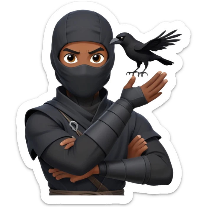 clash-of-clans-aesthetic_-cinematic-mysterious-male-ninja-portrait-emoji, rendered in a flat, vector-style with minimal shading and bold, simplified shapes, his arm is stretched out  with a head slightly turned revealing intense, focused eyes. the ninja has his arm out and perched on top of his forearm is  a black crow sticker