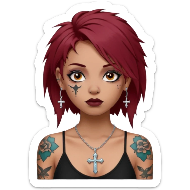 generate an ios genmoji of a girl with dark red messy hair with eyeliner on. septum piercing, wearing a cami black top, has tattoos, on shoulders. ear piercings. wearing a cross silver necklace sticker