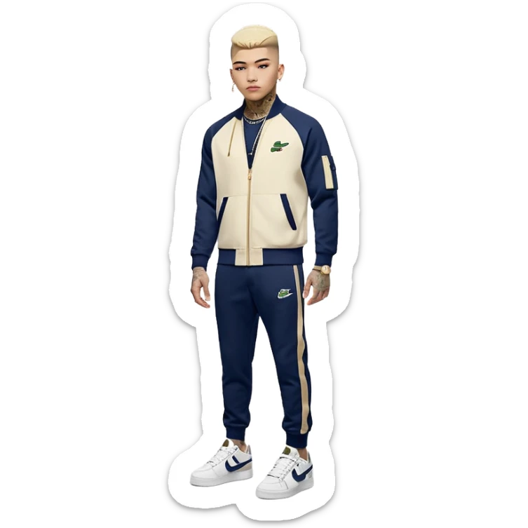 Capelli rasati ai lati con sfumatura, sopra corti e fissati con gel. Look curato e deciso. Indossa tuta firmata (Nike, Adidas, Lacoste, EA7) o jeans skinny, scarpe vistose come Air Force 1. Sempre presenti borsello a tracolla e collana d’oro E tatuaggi d’appertutto a mezzo busto sticker